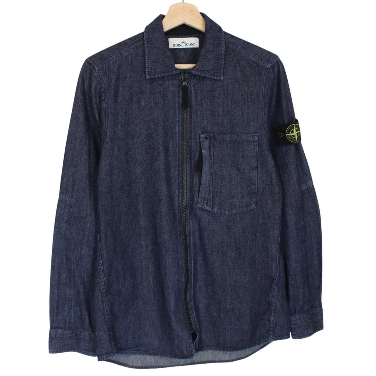Stone Island navy blue denim overshirt jacket with full zip and logo patch.