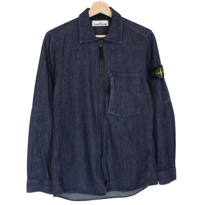 Stone Island navy blue denim overshirt jacket with full zip and logo patch.