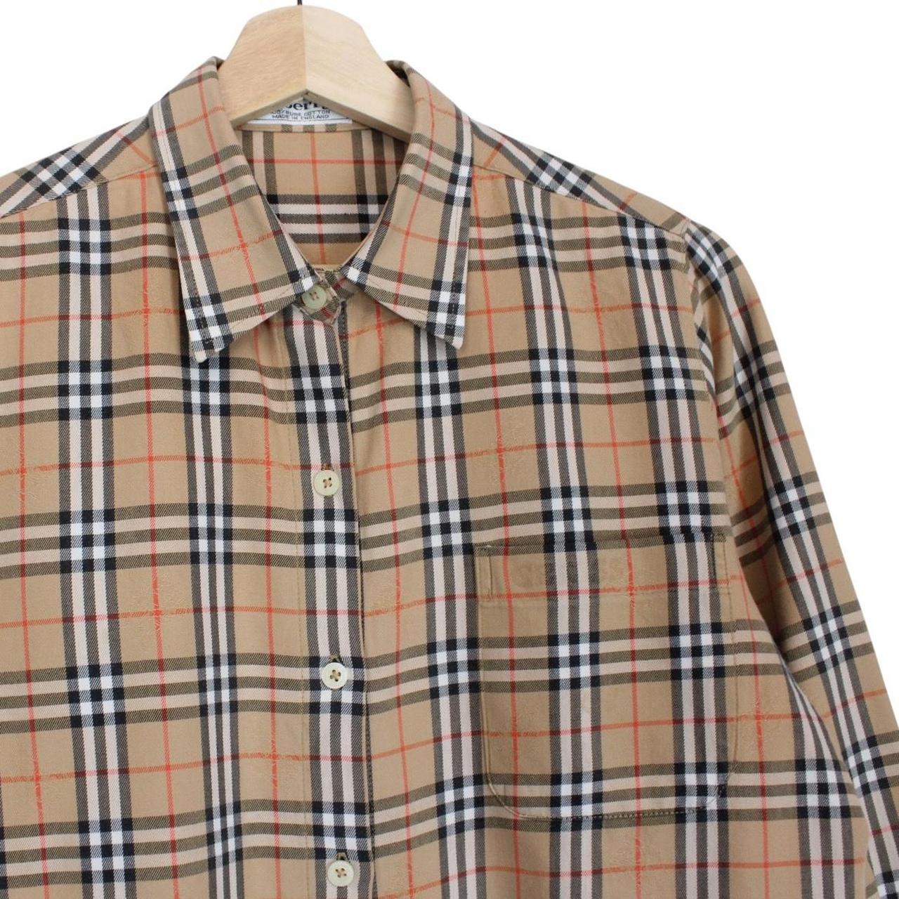 Burberry tan brown long sleeve shirt featuring classic Nova Check pattern in cotton.