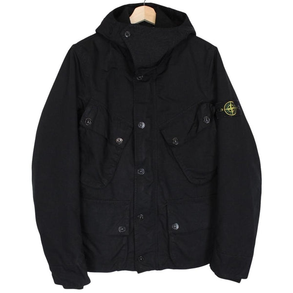Stone Island black full zip jacket with multi pockets and compass logo detail.