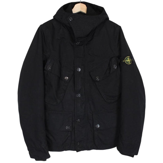 Stone Island black full zip jacket with multi pockets and compass logo detail.