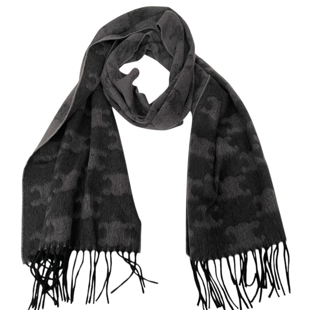 Celine Grey and Black Triomphe Fringed Monogram Cashmere Wool Scarf