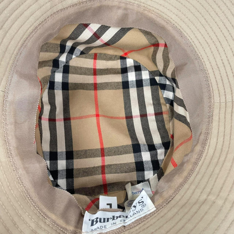 Vintage 80s Burberry Tan Brown Nova Check Cotton Bucket Hat