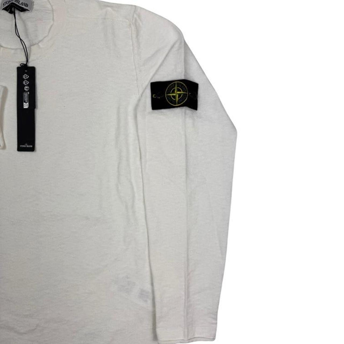 Stone Island white organic cotton knit sweatshirt with logo patch on sleeve.