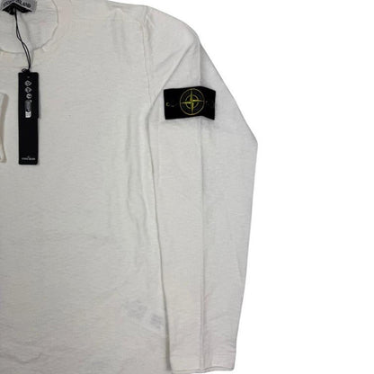 Stone Island white organic cotton knit sweatshirt with logo patch on sleeve.