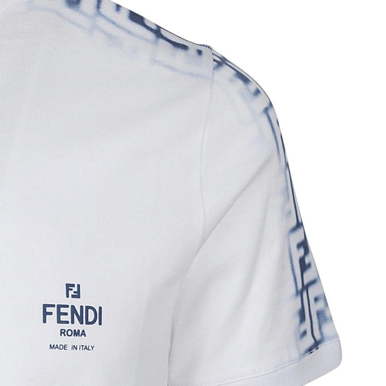 Fendi White and Blue Avio Faded Zucca Monogram Logo Short Sleeve T-Shirt