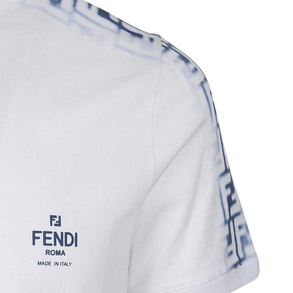 Fendi White and Blue Avio Faded Zucca Monogram Logo Short Sleeve T-Shirt