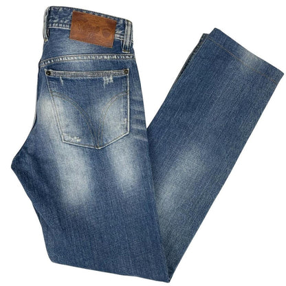 Dolce & Gabbana blue straight jeans mid wash with logo patch and slim fit design.