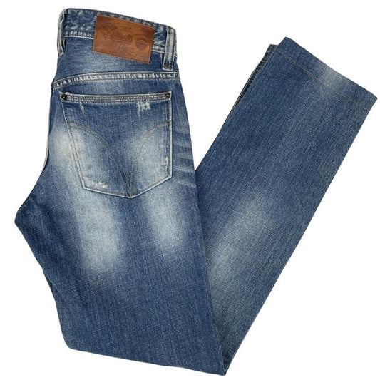 Dolce & Gabbana blue straight jeans mid wash with logo patch and slim fit design.