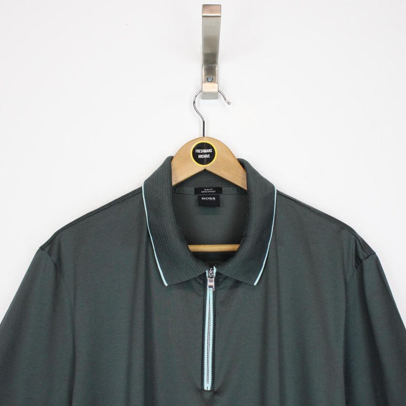 Hugo Boss Green Polston Short Sleeve 1/4 Zip Cotton Polo Shirt