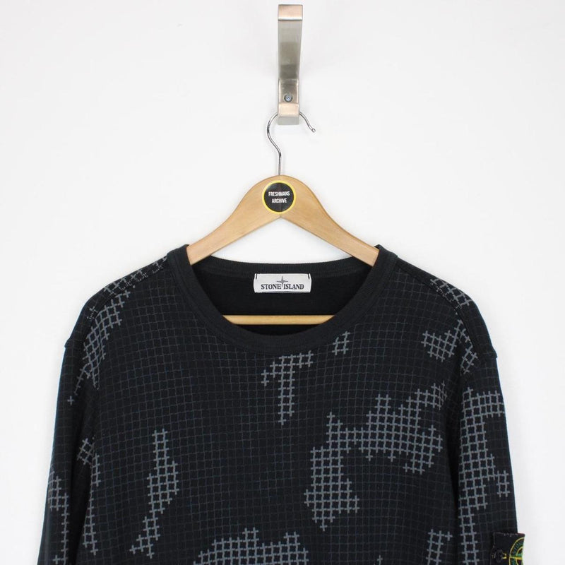 Stone Island AW 2017 Black Grid Camo Crew Neck Sweatshirt Jumper