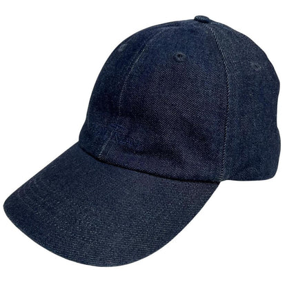Stone Island blue denim baseball cap with diagonal twill texture and logo patch.