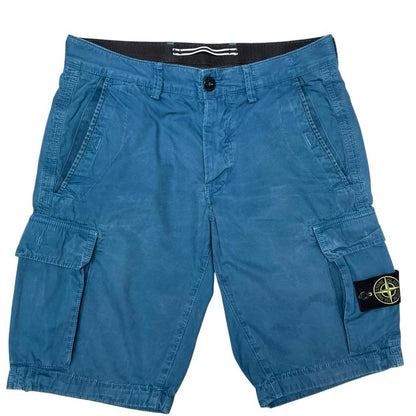 Stone Island teal blue cargo shorts with logo patch and cotton material.