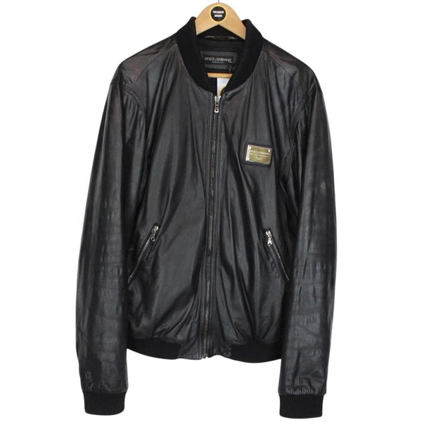 Dolce & Gabbana Black Full Zip Logo Plaque Leather Jacket
