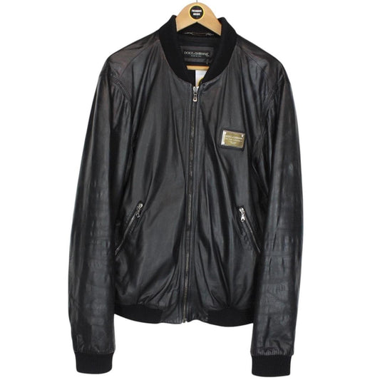 Dolce &amp; Gabbana Black Full Zip Logo Plaque Leather Jacket