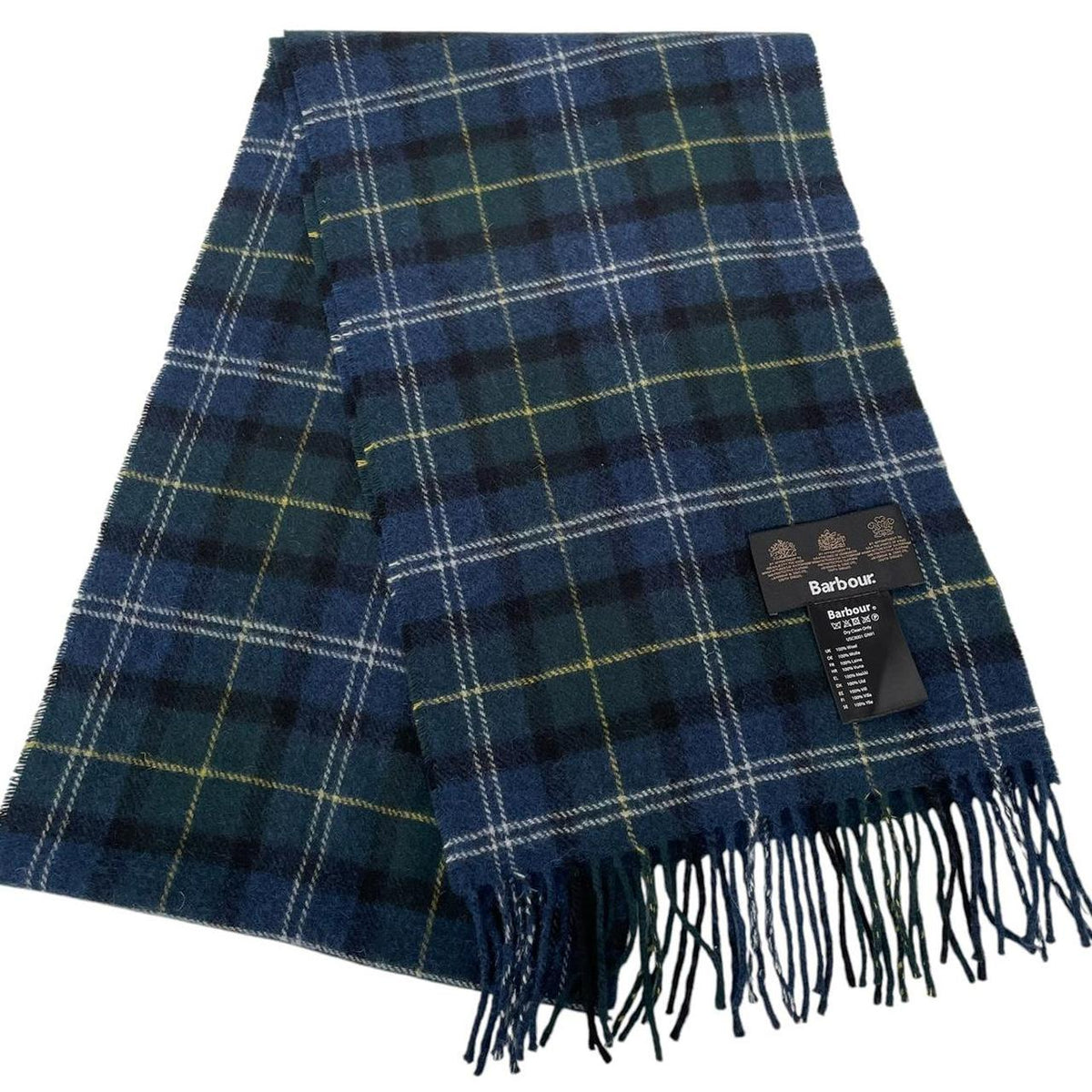 Barbour navy blue tartan check wool scarf with classic check pattern.