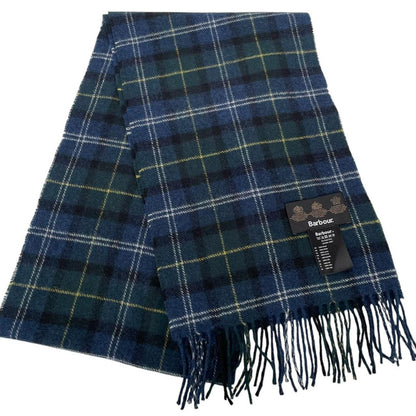 Barbour navy blue tartan check wool scarf with classic check pattern.