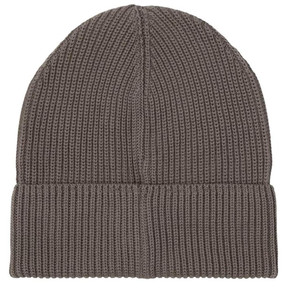 Moncler grey ribbed cotton beanie hat with logo patch and brand tags.