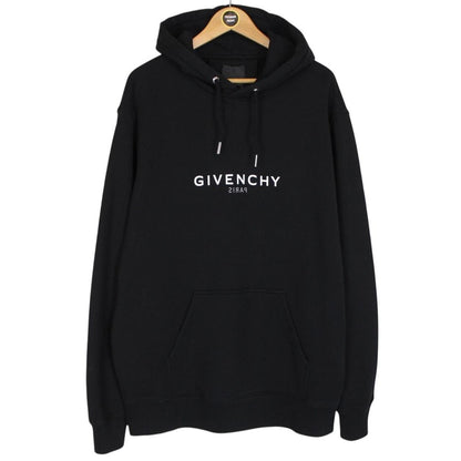 Givenchy Paris Black Reverse Logo Print Fleece Cotton Hoodie Jumper