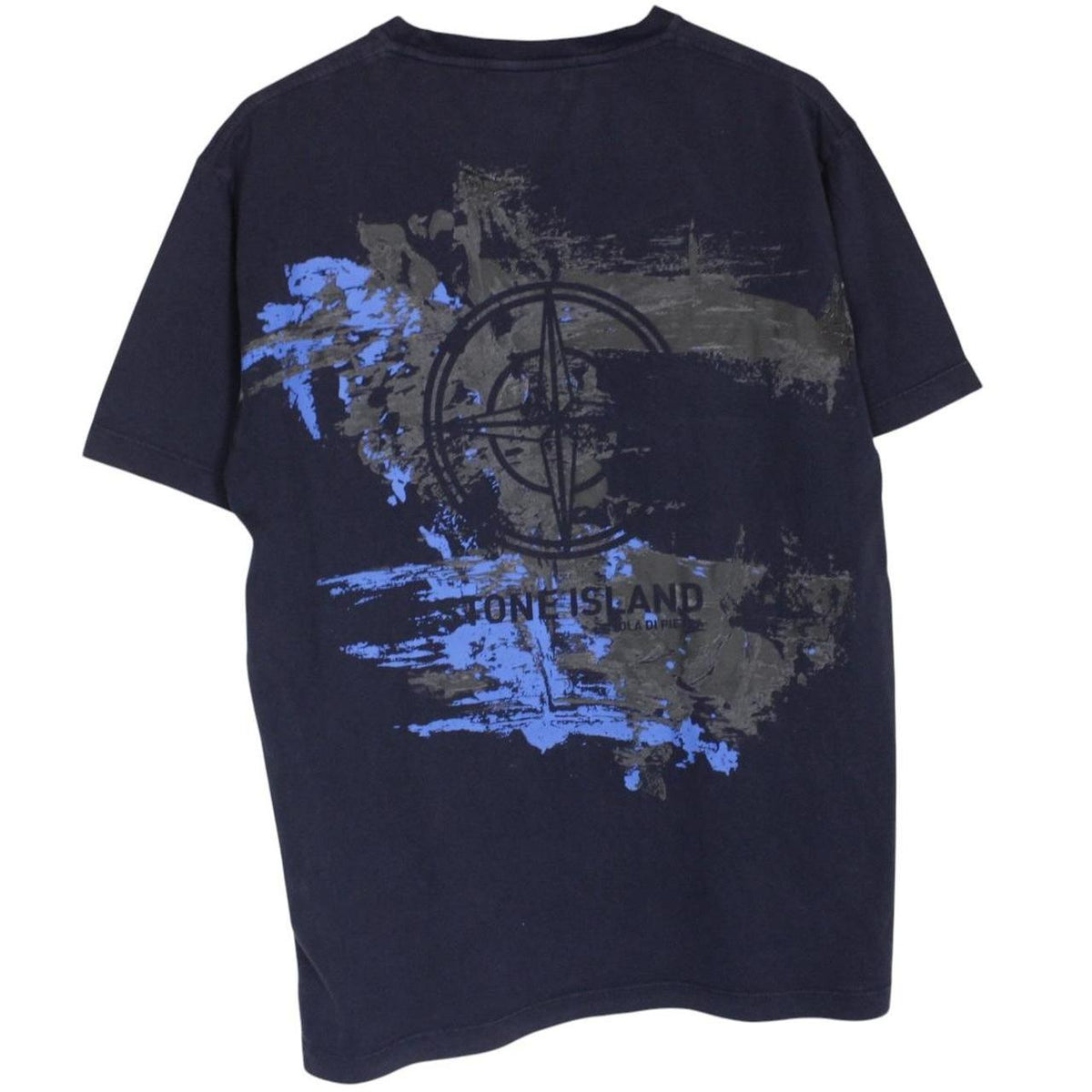 Stone Island navy blue short sleeve cotton t-shirt with logo print and label detail.