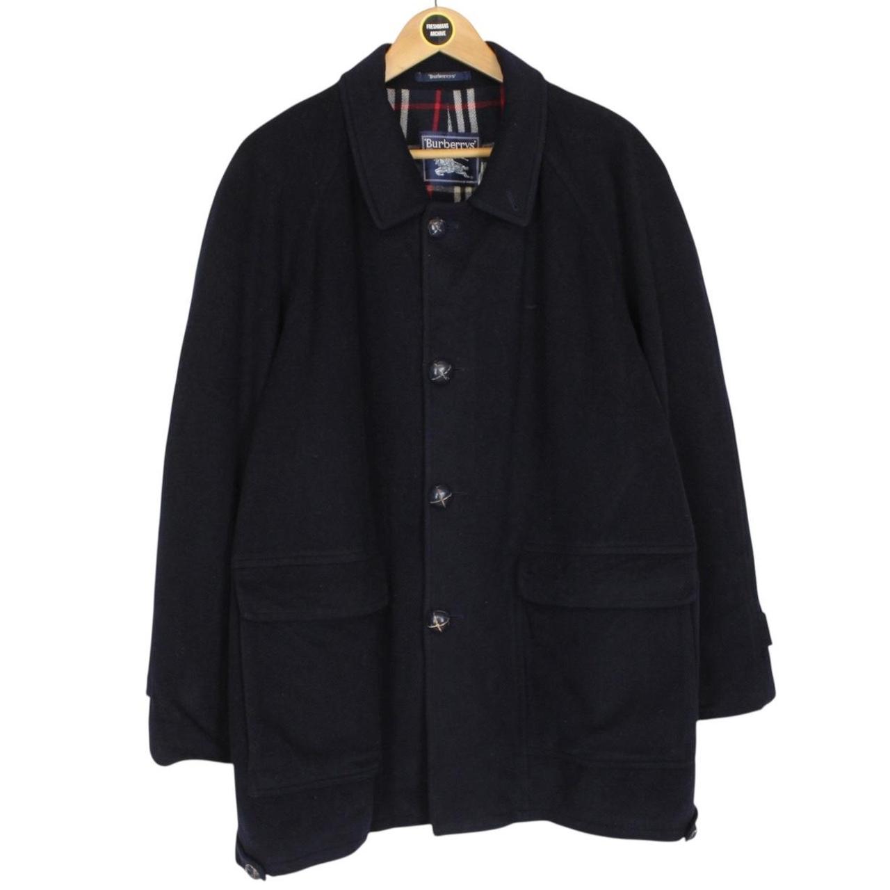 Vintage 90s Burberry Navy Blue Nova Check Lined Virgin Wool Coat