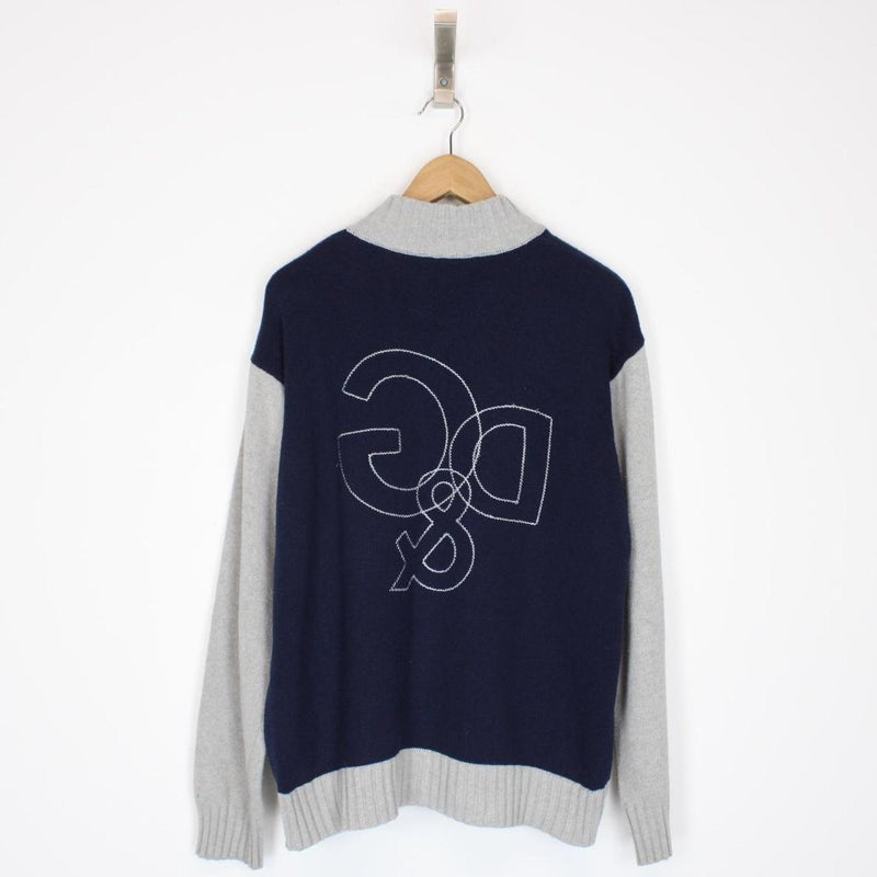 Dolce and Gabbana Navy Blue and Grey Full Zip Cotton Knit Jumper