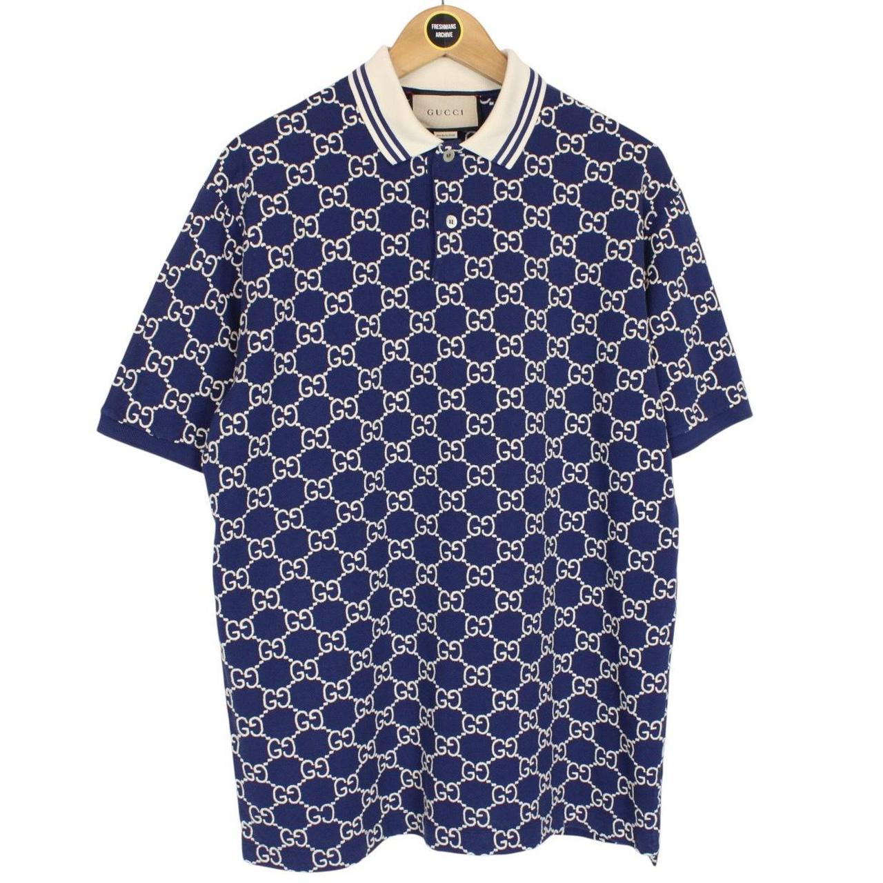 Gucci Navy Blue Jacquared Logo Embroidered Cotton Blend Short Sleeve Polo Shirt