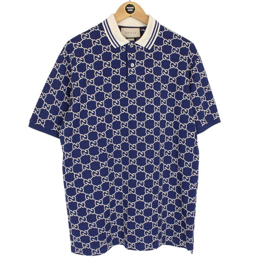 Gucci Navy Blue Jacquared Logo Embroidered Cotton Blend Short Sleeve Polo Shirt