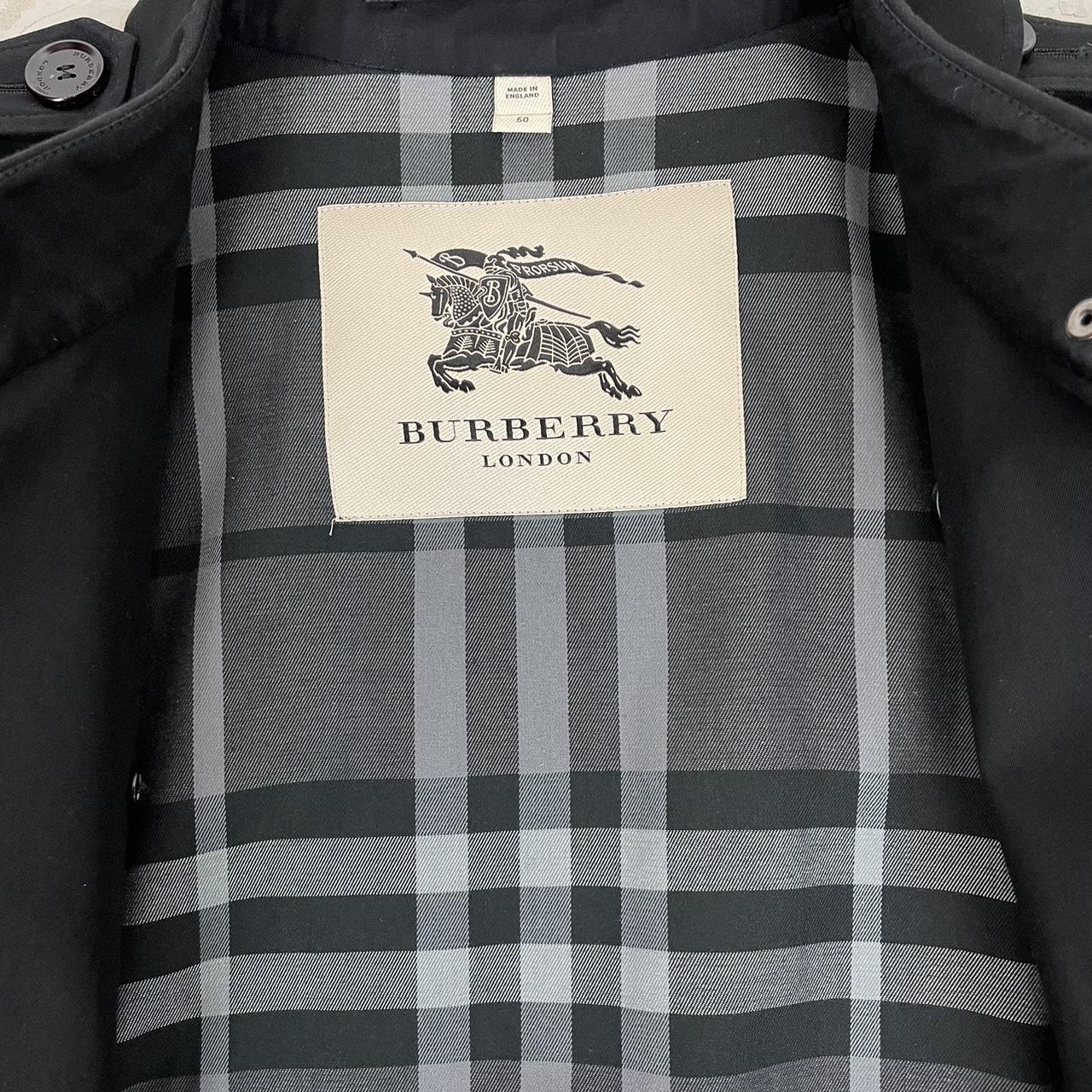 Burberry London Black and Grey Nova Check Double Breasted Belted Trench Coat