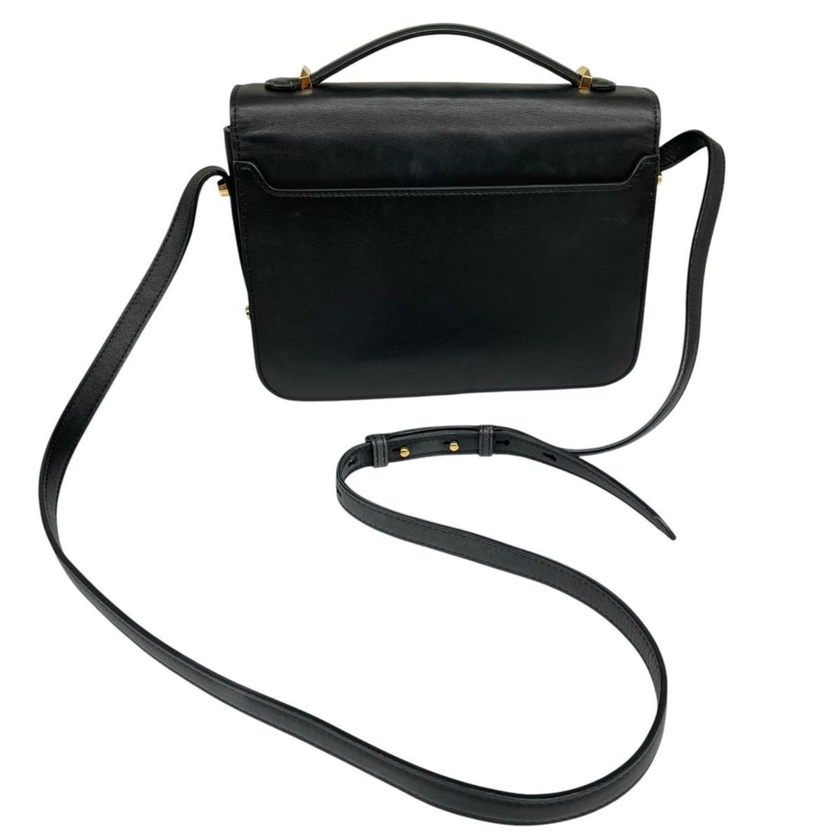 Alexander McQueen black and gold leather messenger bag with logo detailing and faint scratches.
