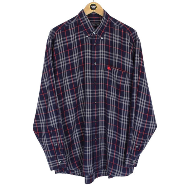 Vintage 90s Burberry Navy Blue Nova Check Long Sleeve Cotton Shirt