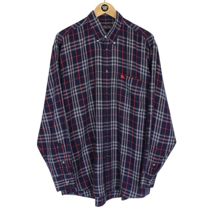 Vintage 90s Burberry Navy Blue Nova Check Long Sleeve Cotton Shirt