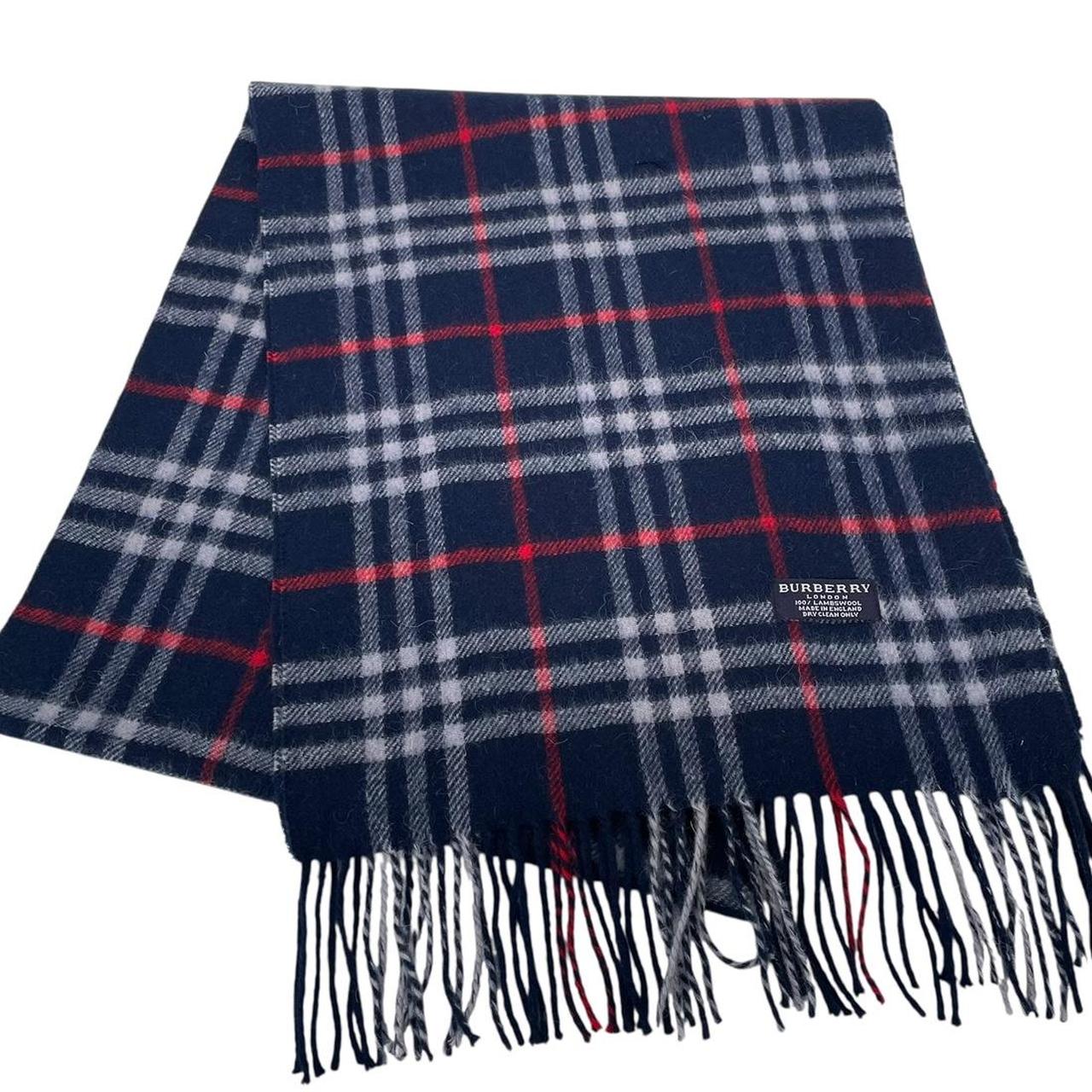 Vintage 90s Burberry Navy Blue Nova Check Lambswool Scarf