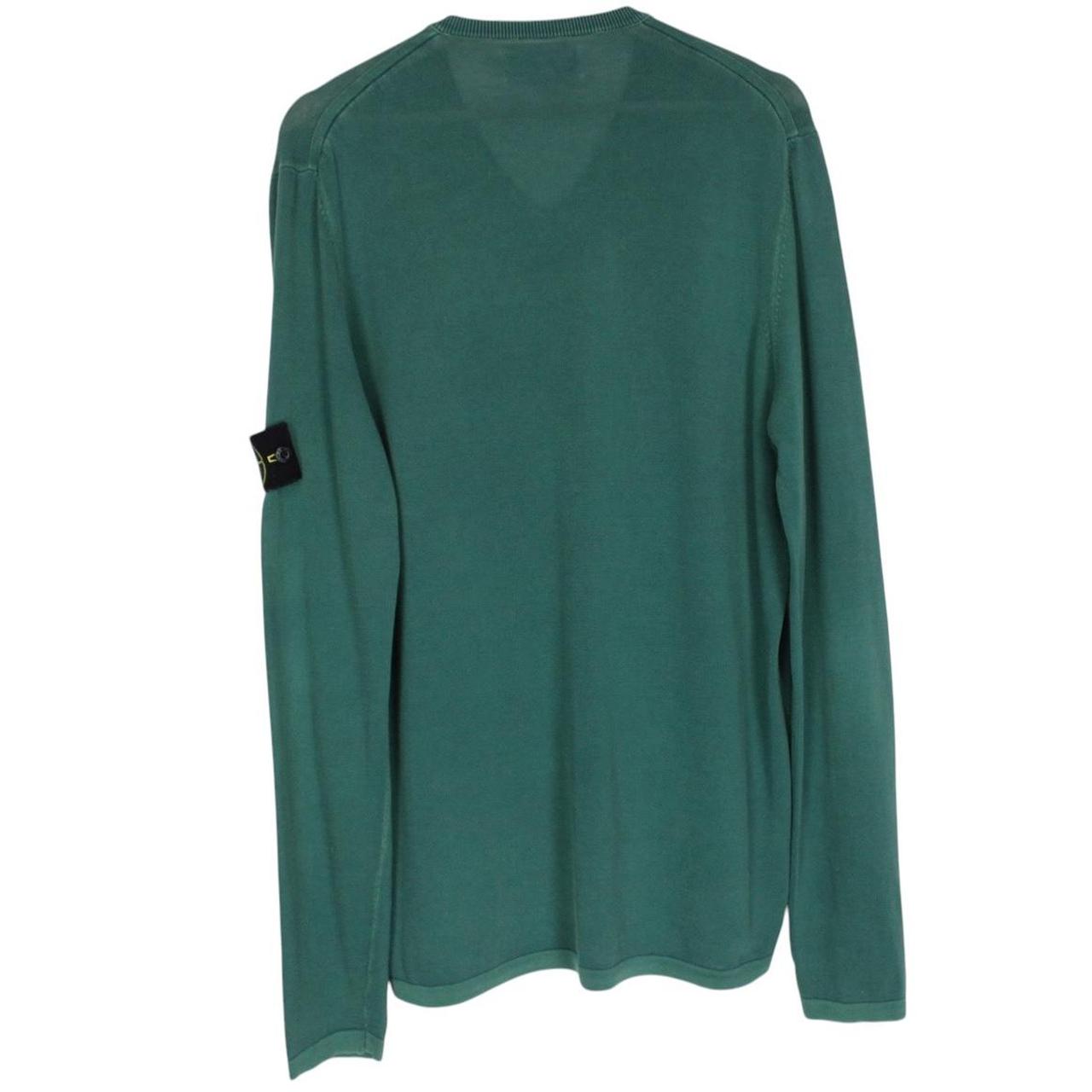 Stone Island green knit v-neck jumper with logo patch on sleeve and ribbed cuffs.