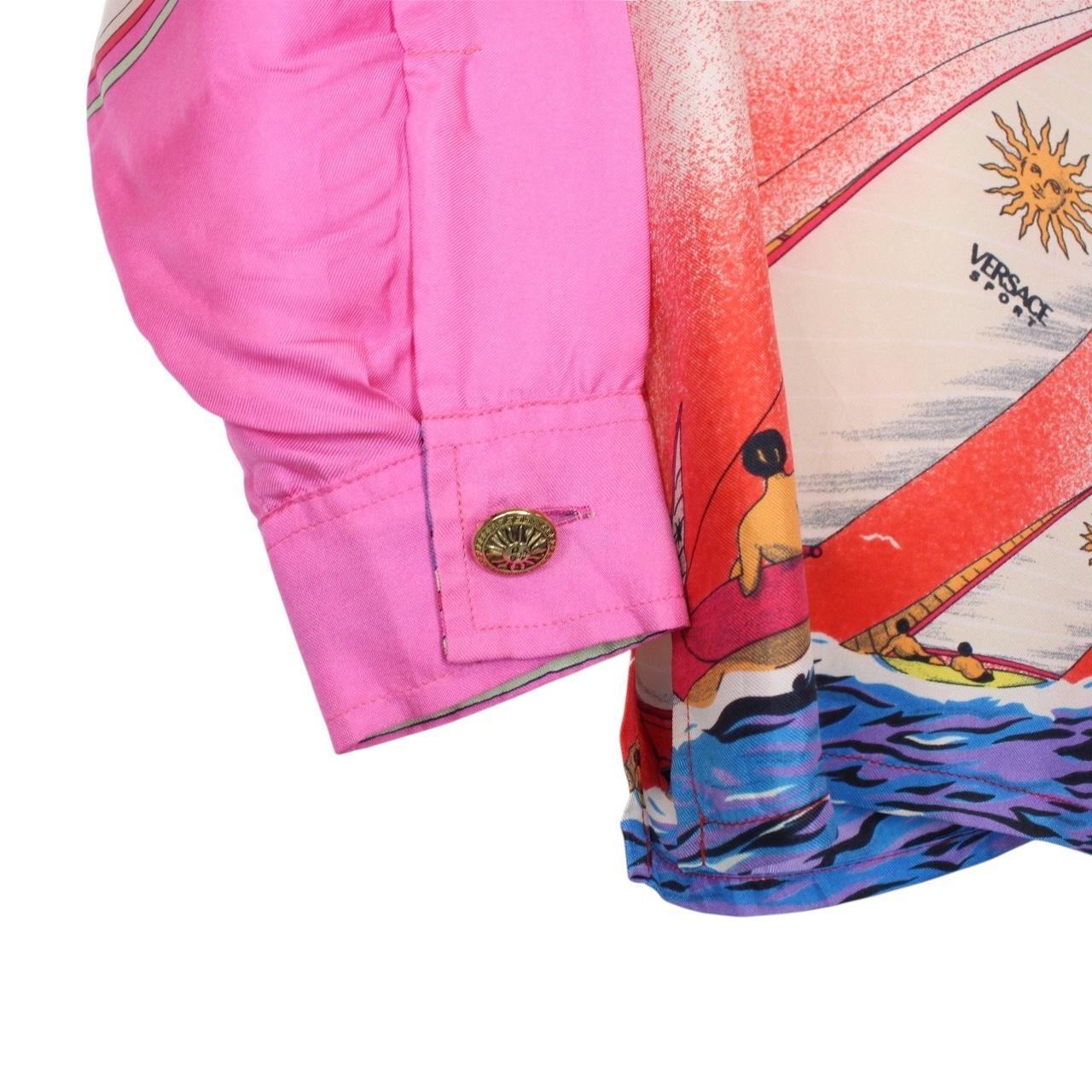Vintage 90s Versace Sport Multicoloured Long Sleeve Ship Print Silk Shirt