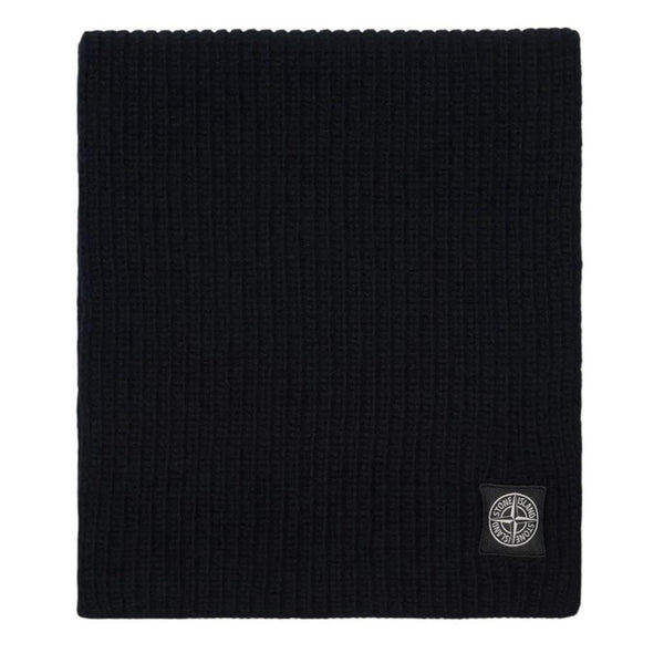 Stone Island black wool scarf with ribbed texture and embroidered logo patch.