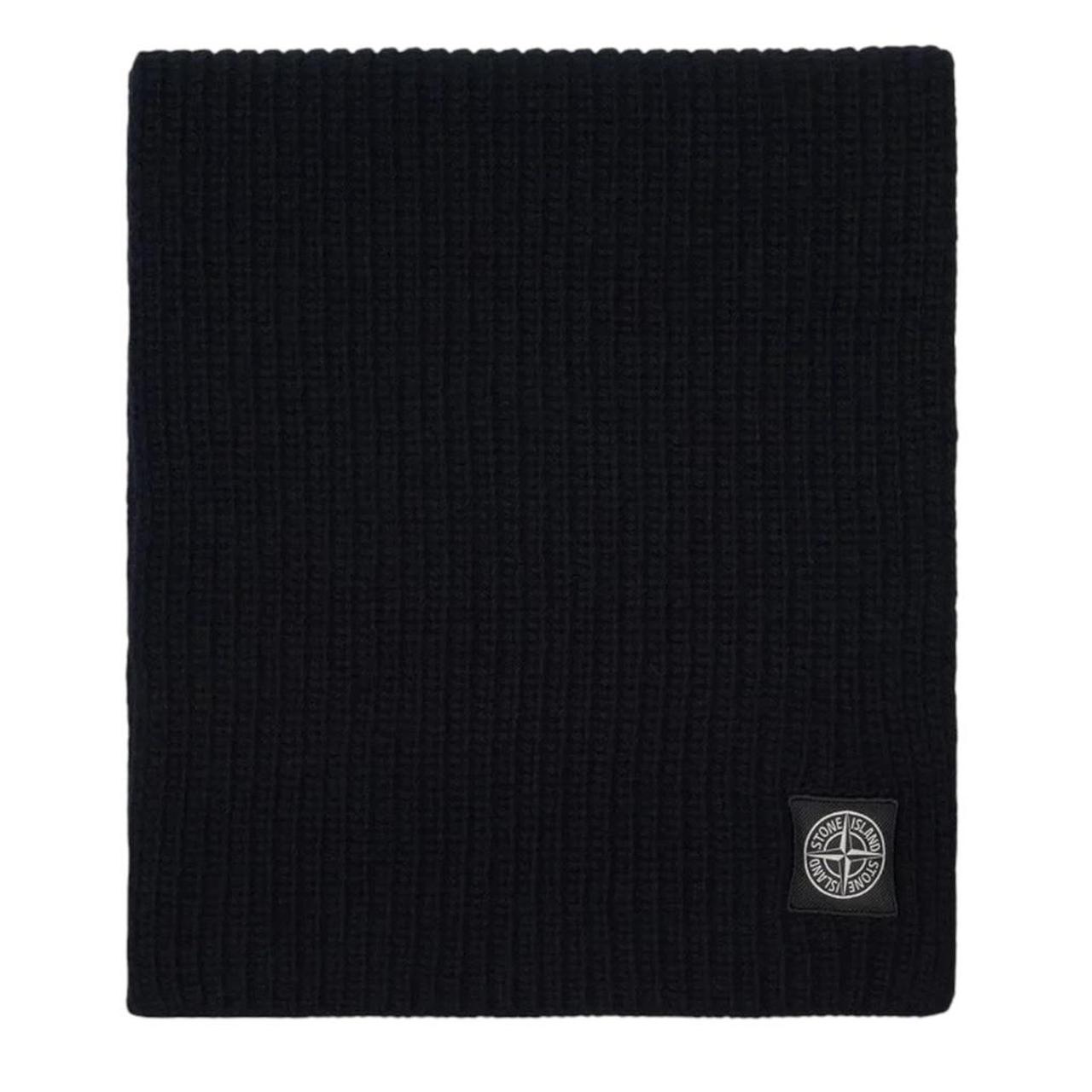 Stone Island black wool scarf with ribbed texture and embroidered logo patch.