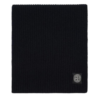 Stone Island black wool scarf with ribbed texture and embroidered logo patch.