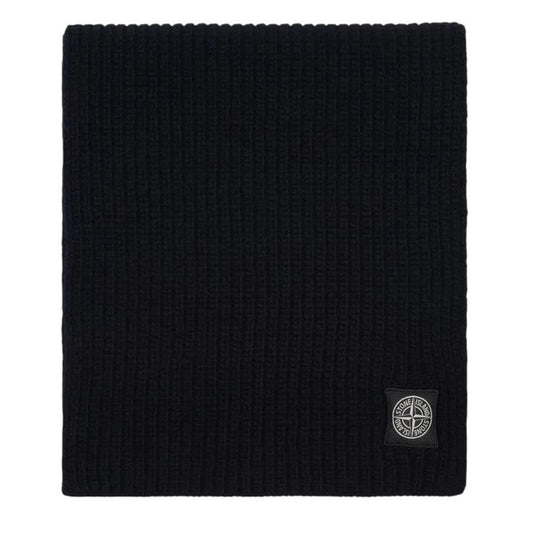 Stone Island black wool scarf with ribbed texture and embroidered logo patch.