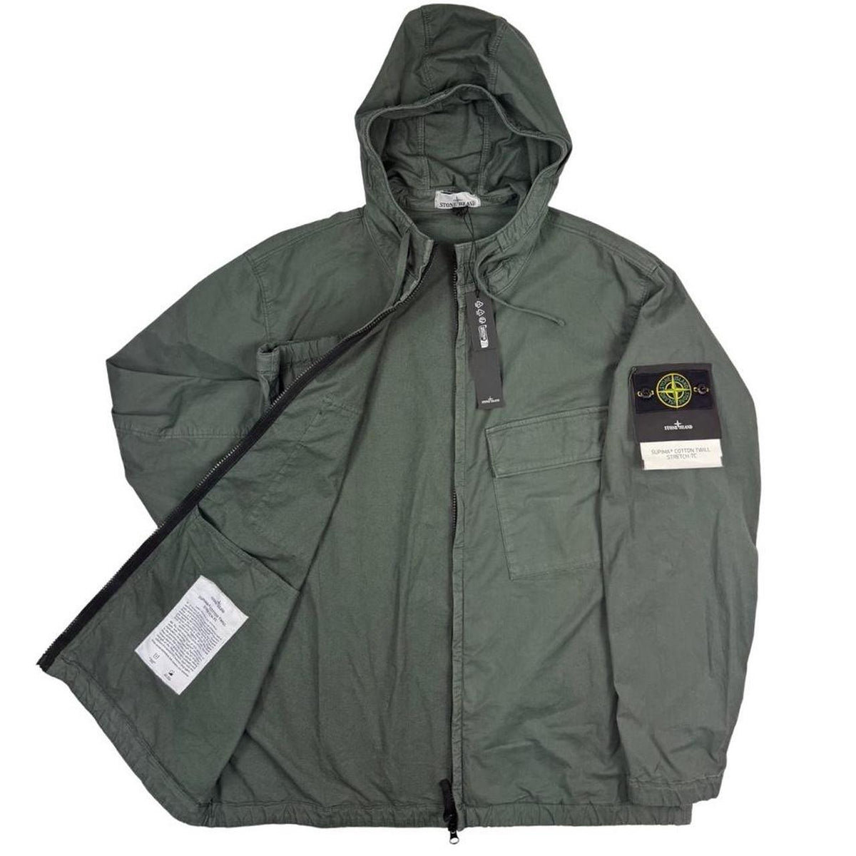 Stone Island green hooded jacket with full zip, Supima cotton twill material, logo patch.