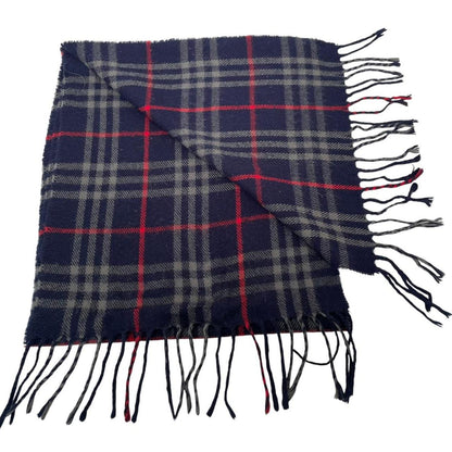 Vintage 90s Burberry Navy Blue Check Lambswool Scarf