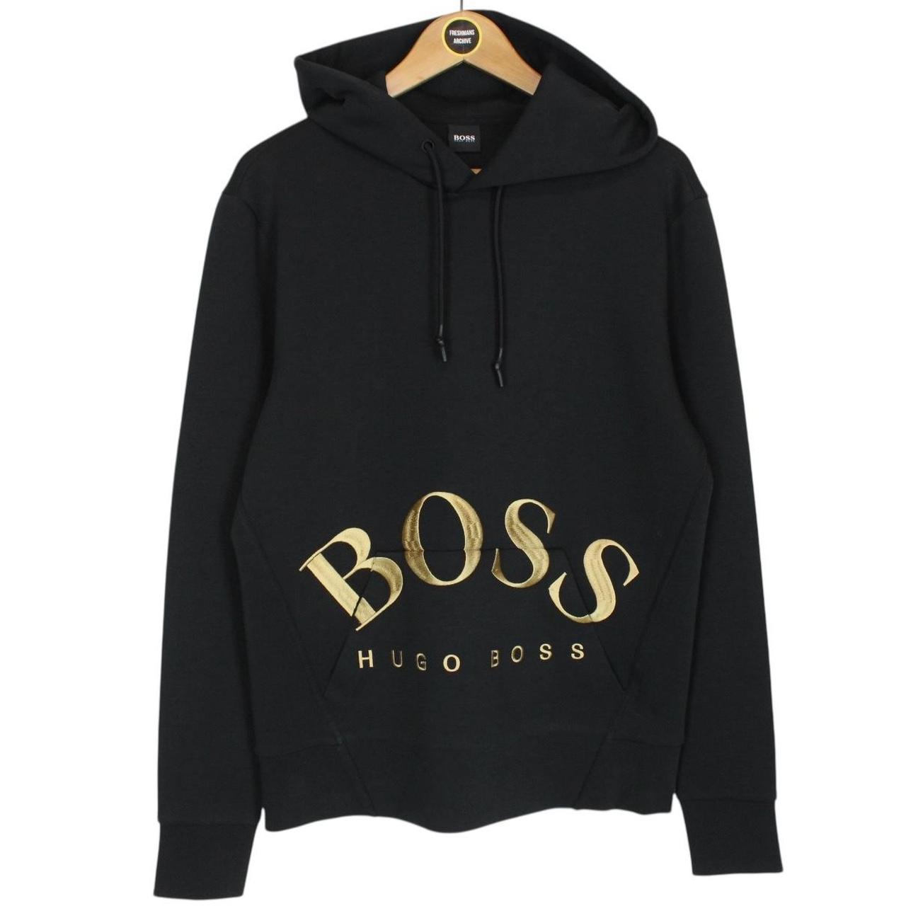 Hugo Boss Black and Gold Logo Embroidered Cotton Hoodie Jumper