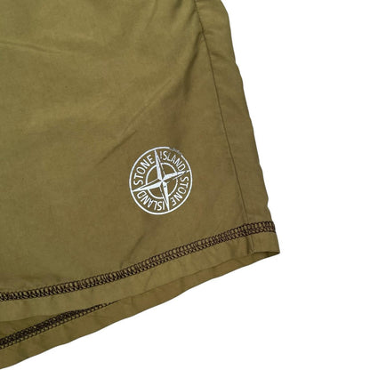 Stone Island khaki green swim shorts brushed nylon with logo patch and back pocket.