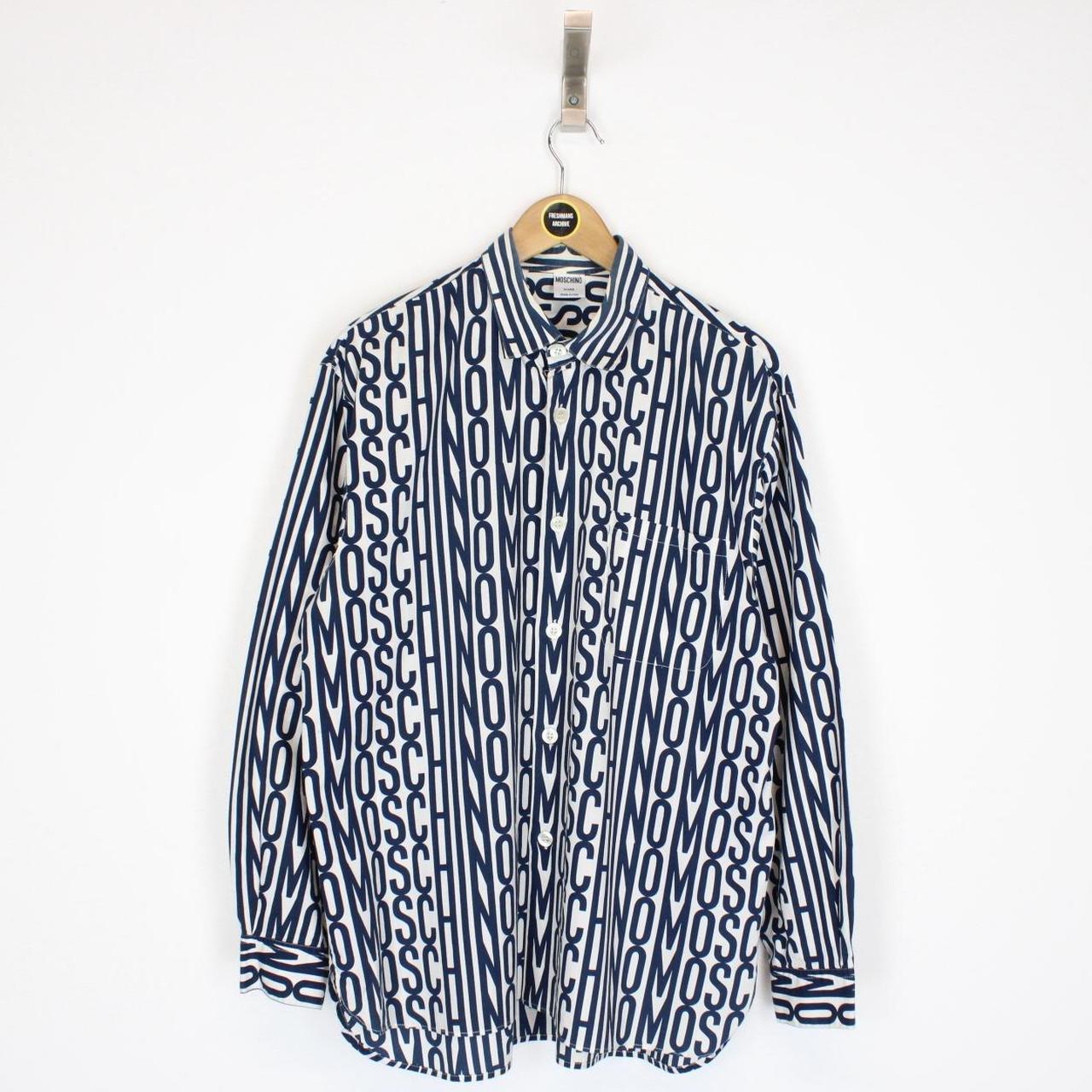 Vintage 90s Moschino Navy Blue and White All Over Logo Long Sleeve Shirt