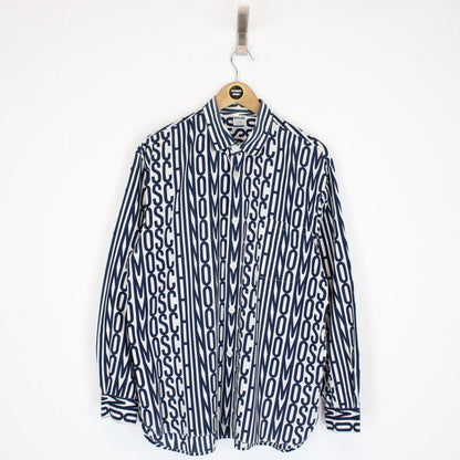 Vintage 90s Moschino Navy Blue and White All Over Logo Long Sleeve Shirt