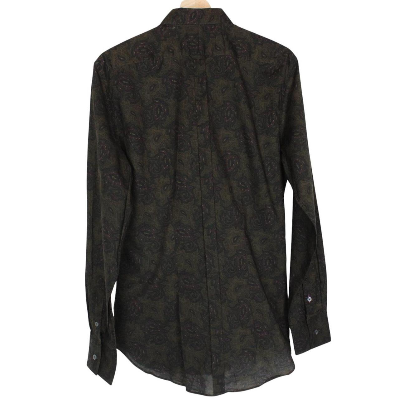 Paul Smith khaki green long sleeve shirt with paisley print and cotton material.