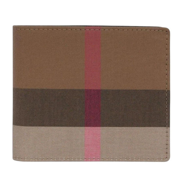 Burberry brown bifold wallet featuring iconic Nova Check pattern and coin pouch.