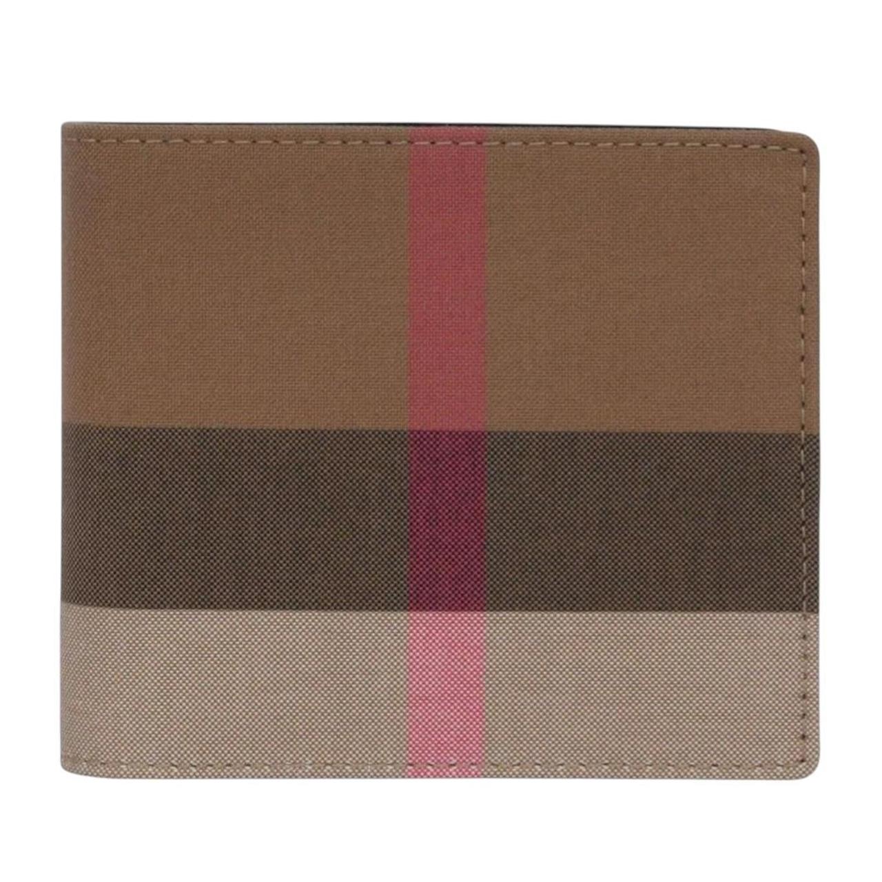 Burberry brown bifold wallet featuring iconic Nova Check pattern and coin pouch.