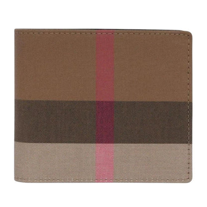 Burberry brown bifold wallet featuring iconic Nova Check pattern and coin pouch.