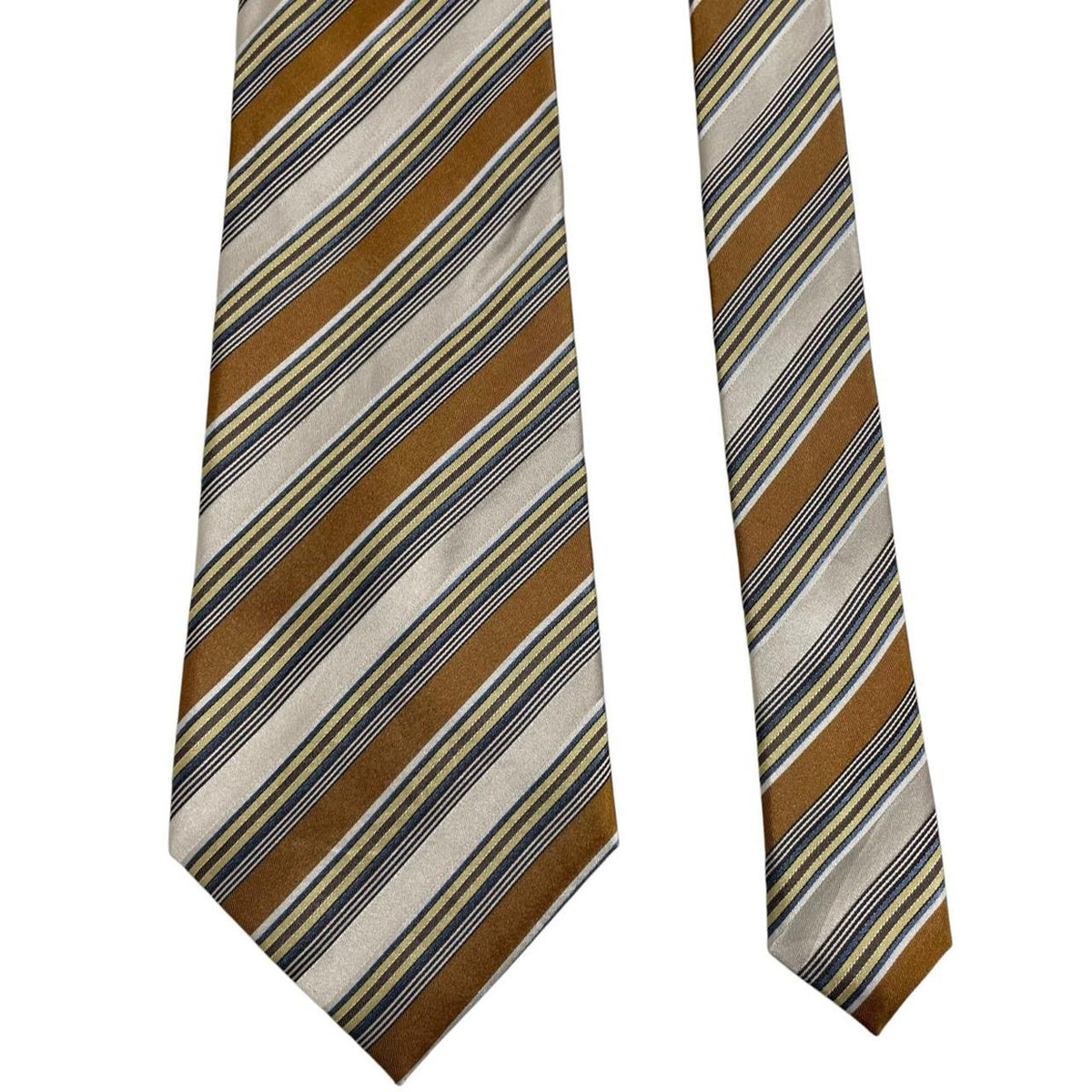 Balmain multicoloured striped silk tie featuring bold stripes in beige, blue, brown, and yellow.